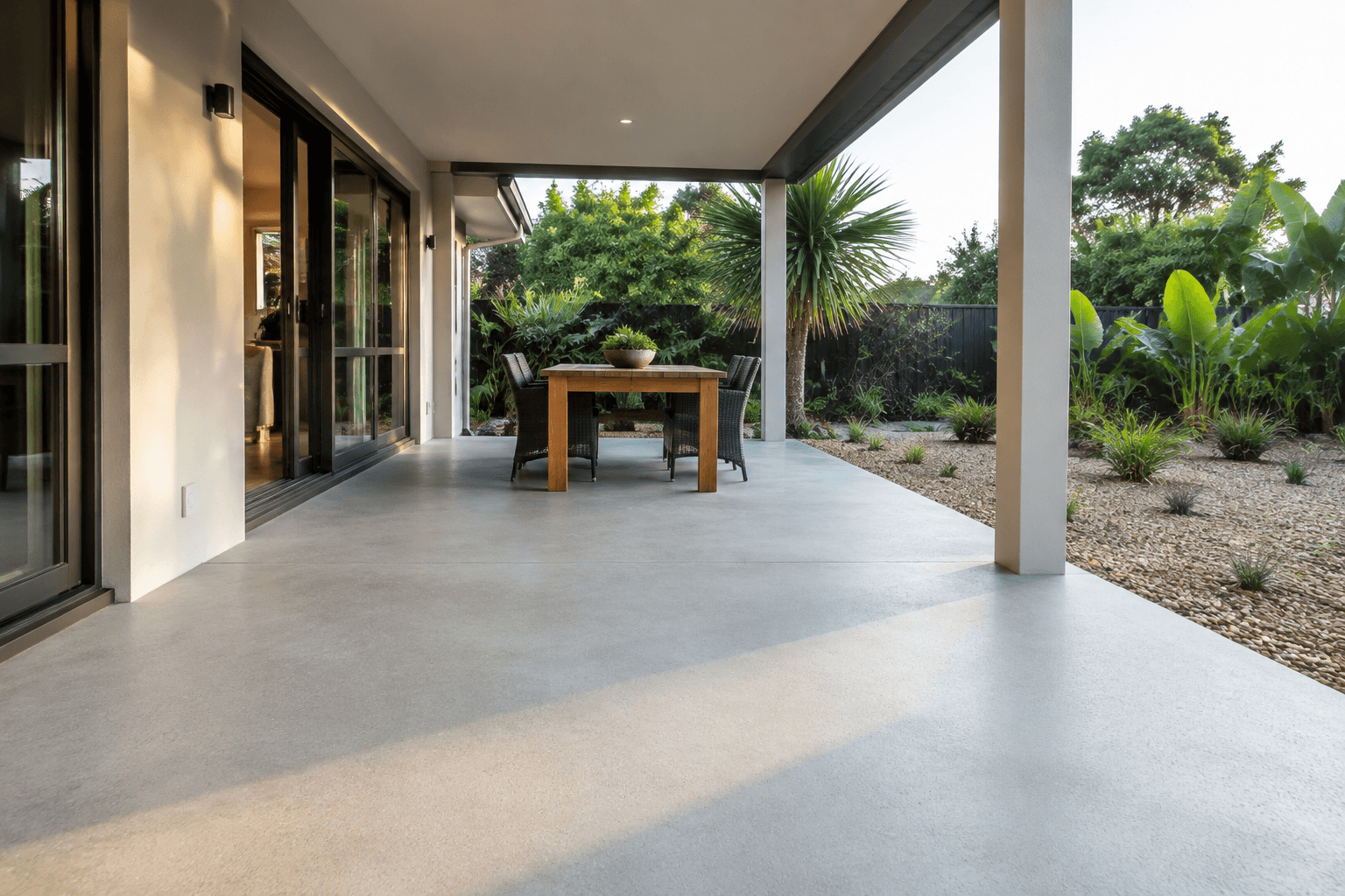 finished concrete patio with a covered outdoor seating area and garden