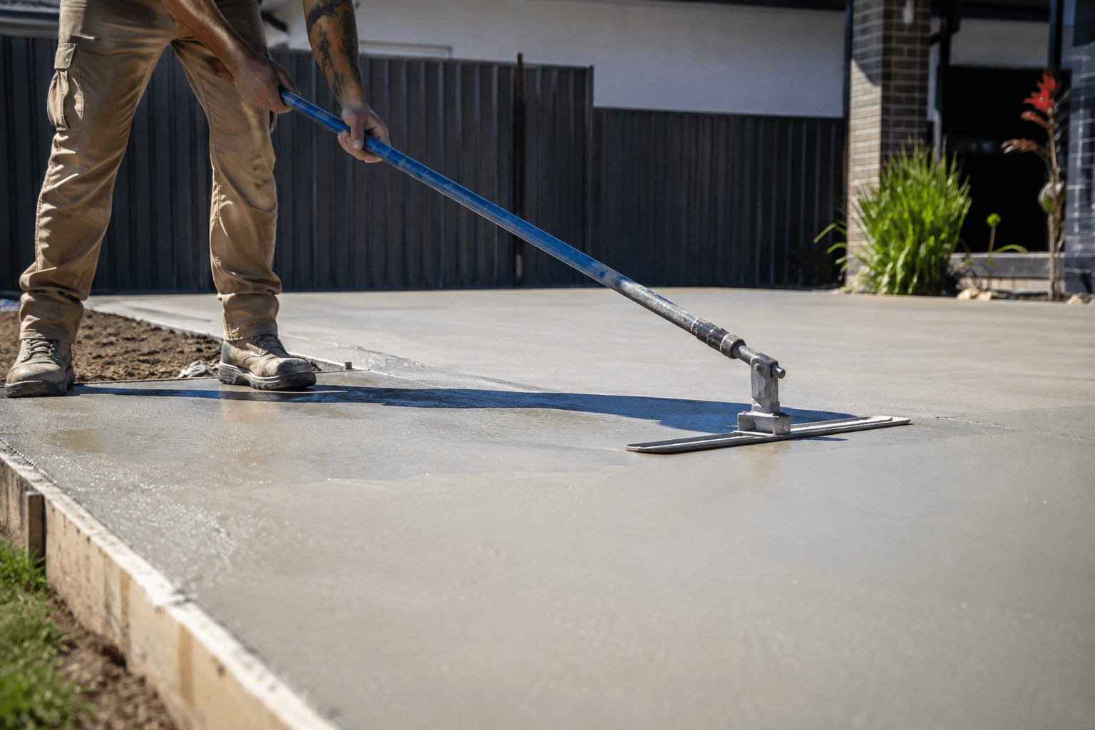 Concrete being finished with a bull float